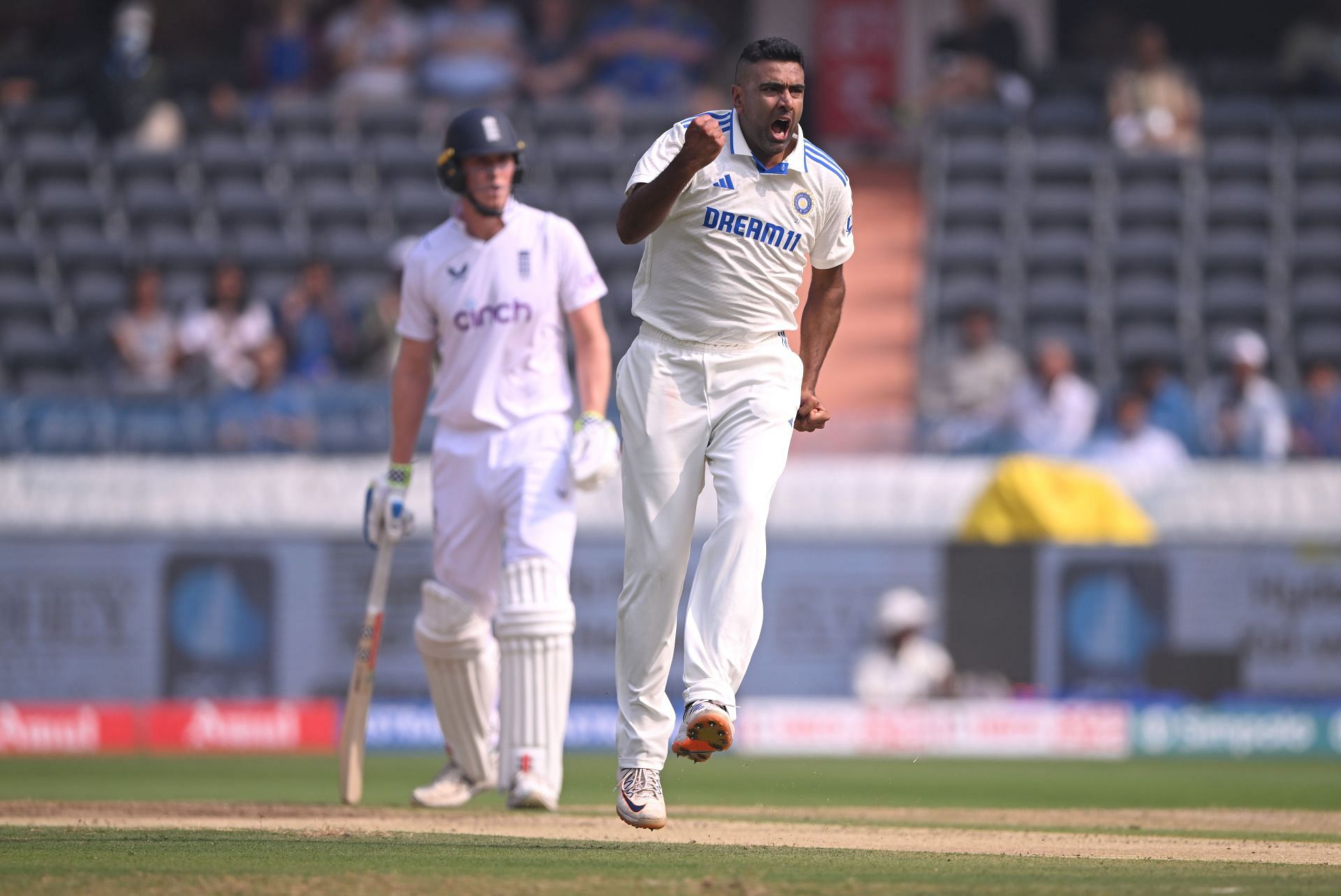 Ashwin celebrates picking a wicket against England. Source: Getty